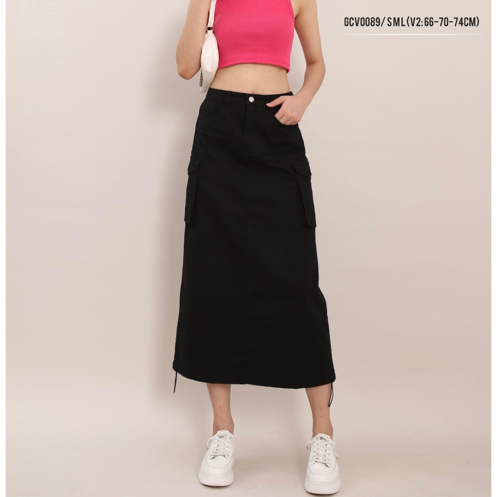 Chân váy nữ ANZi chân váy midi dáng dài chữ A có túi hộp cạp cap GCV0089