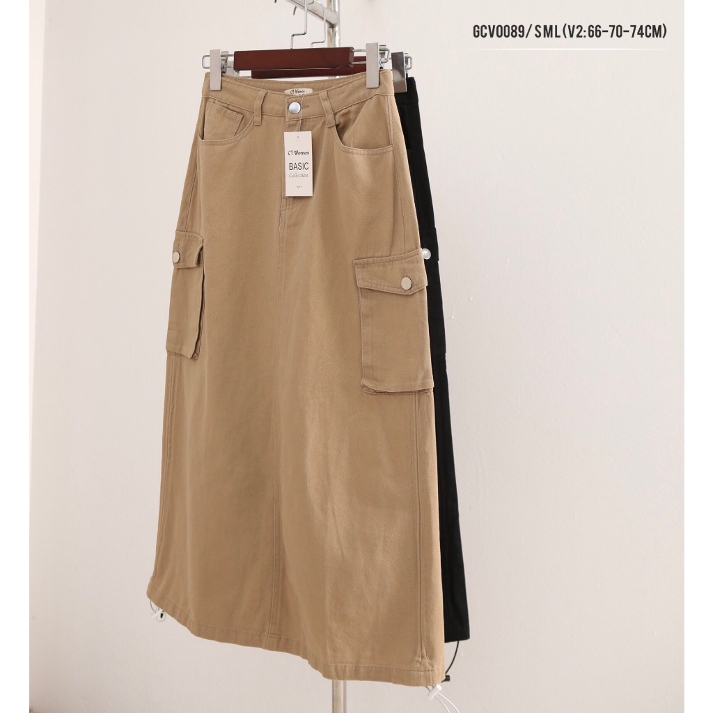Chân váy nữ ANZi chân váy midi dáng dài chữ A có túi hộp cạp cap GCV0089