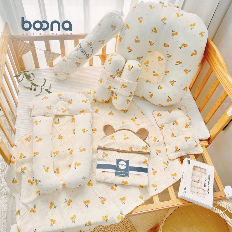 Combo sơ sinh Boona cho bé trai, bé gái 6-8  sản phẩm muslin cao cấp, khăn tắm, ủ choàng, gối sơ sinh, gối ôm, khăn sữa