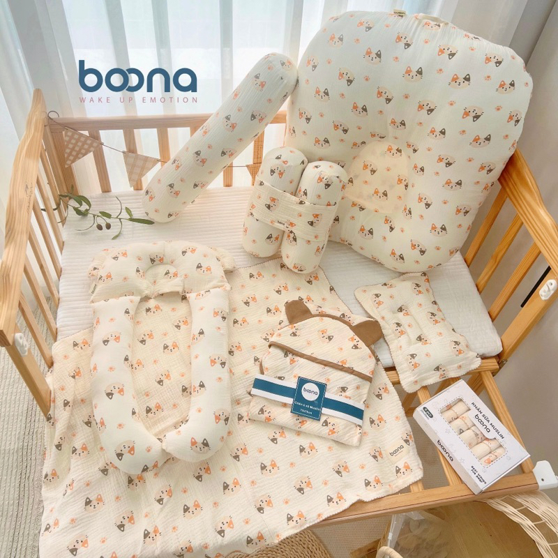 Combo sơ sinh Boona cho bé trai, bé gái 6-8  sản phẩm muslin cao cấp, khăn tắm, ủ choàng, gối sơ sinh, gối ôm, khăn sữa