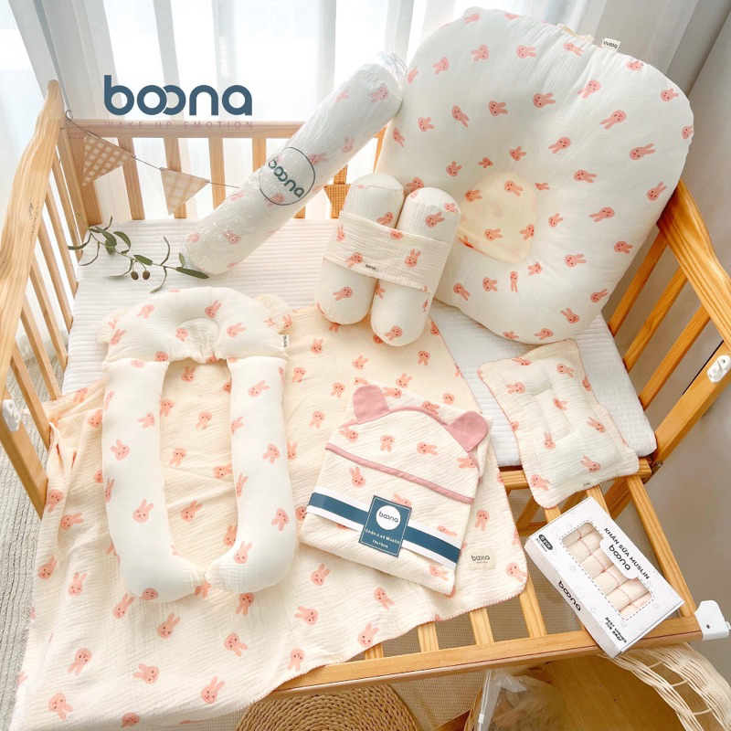 Combo sơ sinh Boona cho bé trai, bé gái 6-8  sản phẩm muslin cao cấp, khăn tắm, ủ choàng, gối sơ sinh, gối ôm, khăn sữa