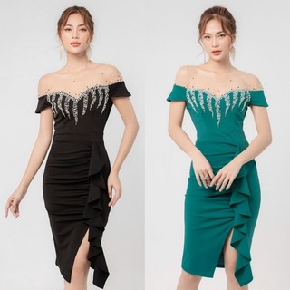ĐẦM BODY TRỄ VAI DÚN BÈO VÁY VÀ NGỰC ĐÍNH HẠT TẶNG KÈM HOA TAI THỜI TRANG