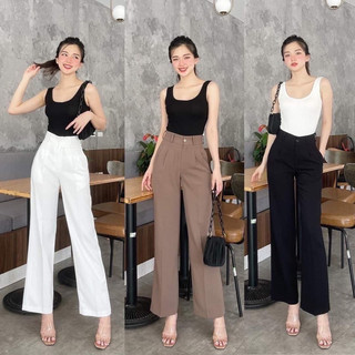 Quần ống rộng nữ cạp cao 1 cúc quần ống suông dáng công sở tôn dáng chất vitex tuyết mưa dày dặn