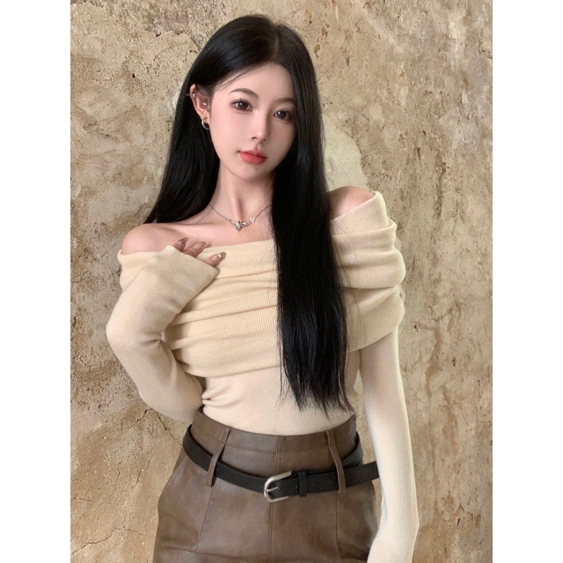 Áo thun bẹt vai dài tay tiểu thư bánh bèo chất thun co dãn hàng QC