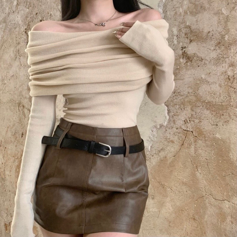 Áo thun bẹt vai dài tay tiểu thư bánh bèo chất thun co dãn hàng QC