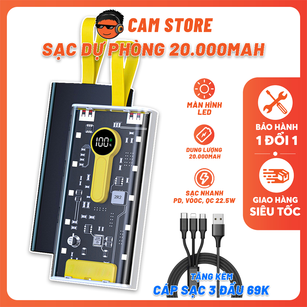Sạc Dự Phòng 20.000mAh - Sạc Nhanh 22.5W, Có Led 4 Chế Độ (TẶNG KÈM CÁP 3 ĐẦU BỌC DÙ 69K)