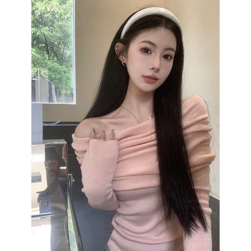 Áo thun bẹt vai dài tay tiểu thư bánh bèo chất thun co dãn hàng QC