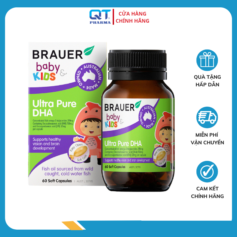 Viên Bổ Não Cho Bé Brauer Baby & Kids Ultra Pure DHA (Lọ 60 Viên) - Giúp Trí Não Bé Phát Triển Tối Ưu Và Tăng Chỉ Số IQ