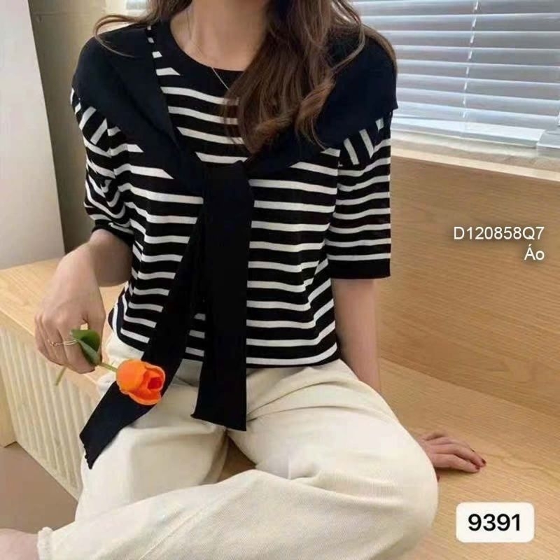 Áo len cổ tròn kẻ sọc ngang tay ngắn phối khăn buộc kiểu thủy thủ hàng Qc!
