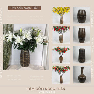 Bình hoa gốm Bát Tràng, men mật ong nâu đậm dáng cao