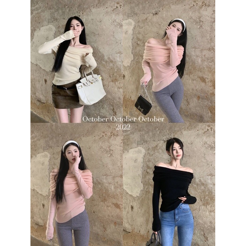 Áo thun bẹt vai dài tay tiểu thư bánh bèo chất thun co dãn hàng QC