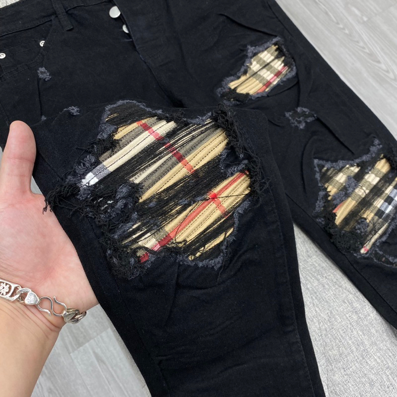 Quần jean vá kẻ nâu bbr caro,quần bò amiri vá nhăn kẻ nâu caro bbr 4 khuy