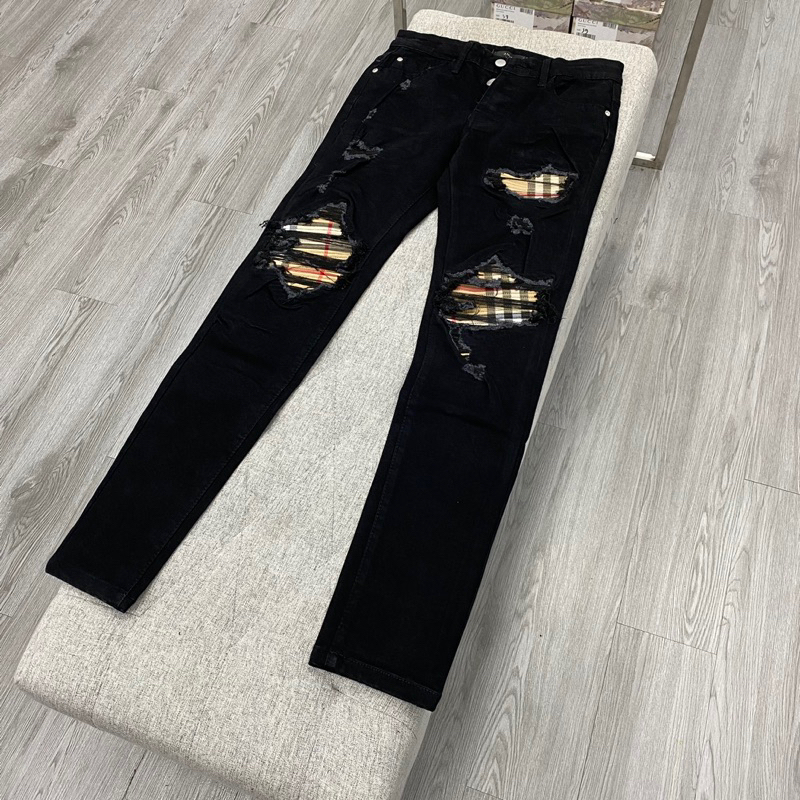 Quần jean vá kẻ nâu bbr caro,quần bò amiri vá nhăn kẻ nâu caro bbr 4 khuy