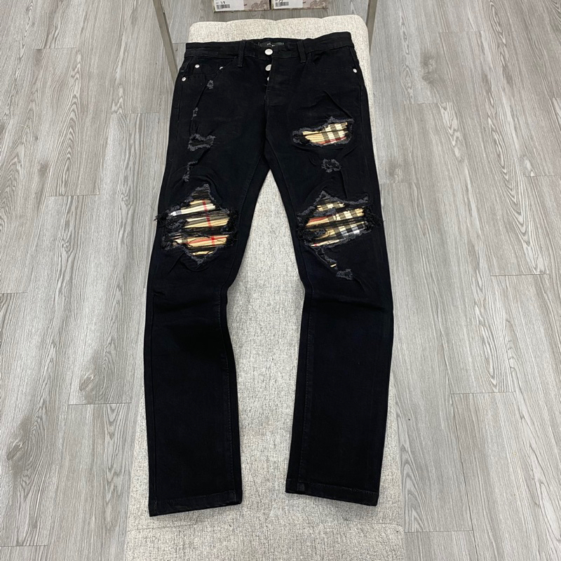 Quần jean vá kẻ nâu bbr caro,quần bò amiri vá nhăn kẻ nâu caro bbr 4 khuy