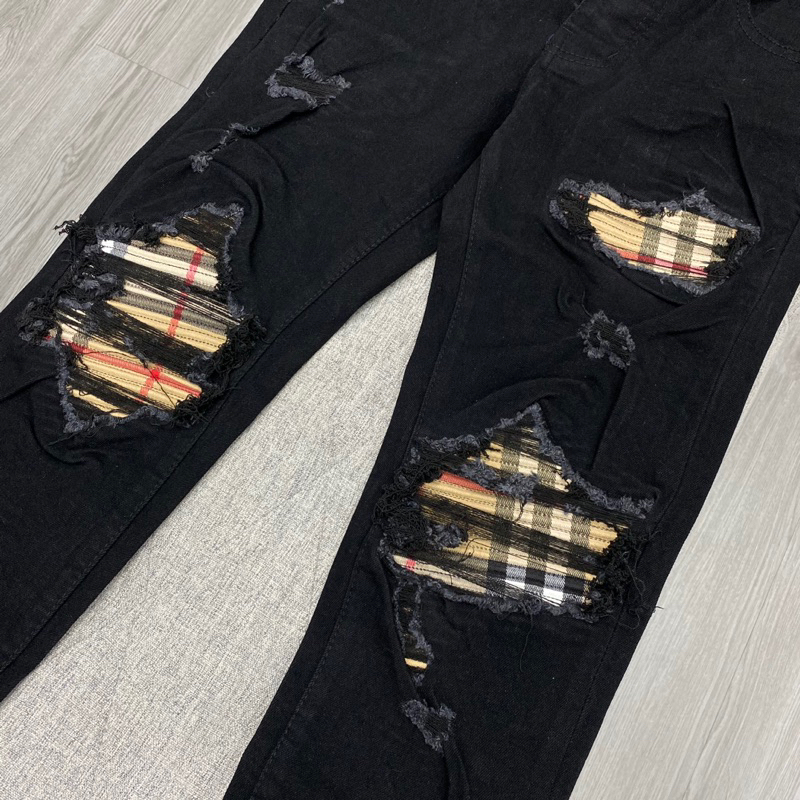 Quần jean vá kẻ nâu bbr caro,quần bò amiri vá nhăn kẻ nâu caro bbr 4 khuy