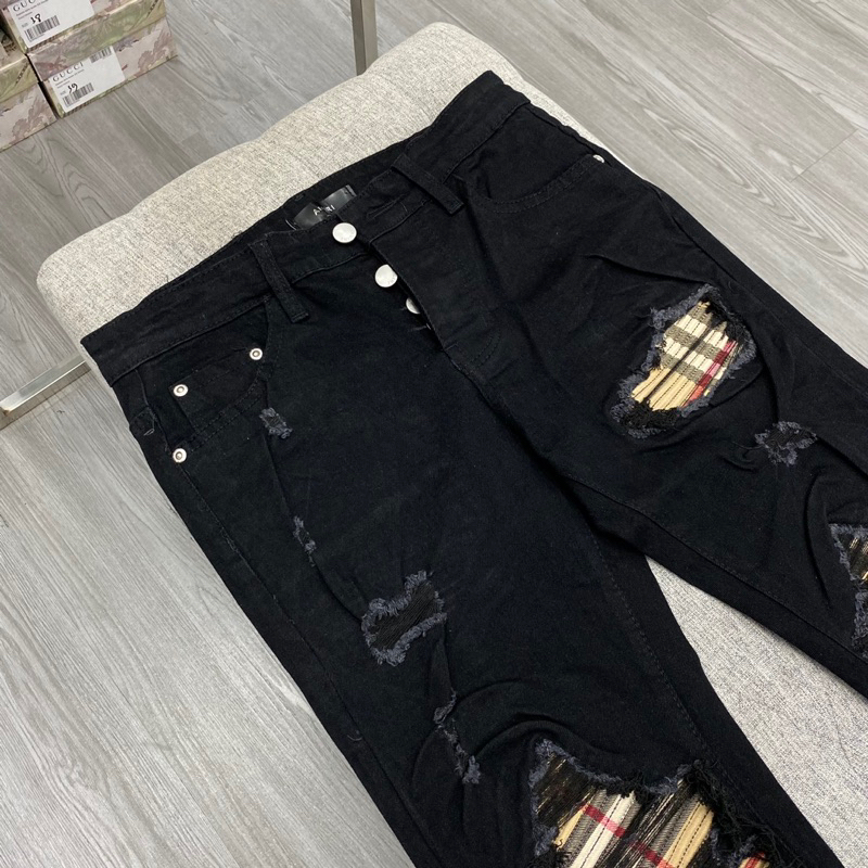 Quần jean vá kẻ nâu bbr caro,quần bò amiri vá nhăn kẻ nâu caro bbr 4 khuy