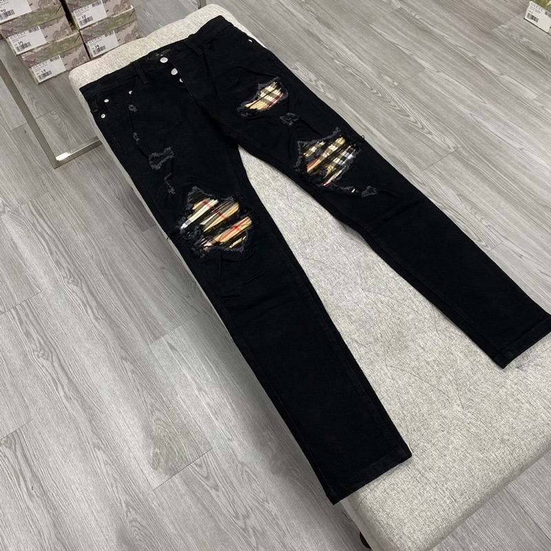 Quần jean vá kẻ nâu bbr caro,quần bò amiri vá nhăn kẻ nâu caro bbr 4 khuy