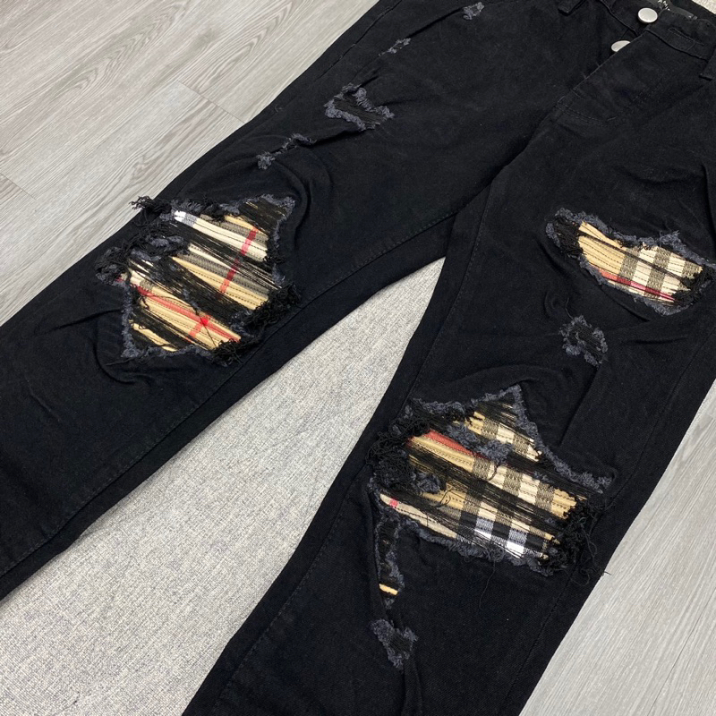 Quần jean vá kẻ nâu bbr caro,quần bò amiri vá nhăn kẻ nâu caro bbr 4 khuy