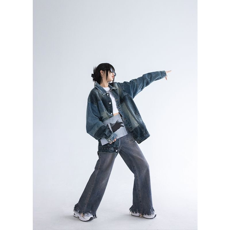 Áo Khoác Jean Denim dáng rộng pha màu hoạ tiết chữ thêu phong cách retro nam nữ