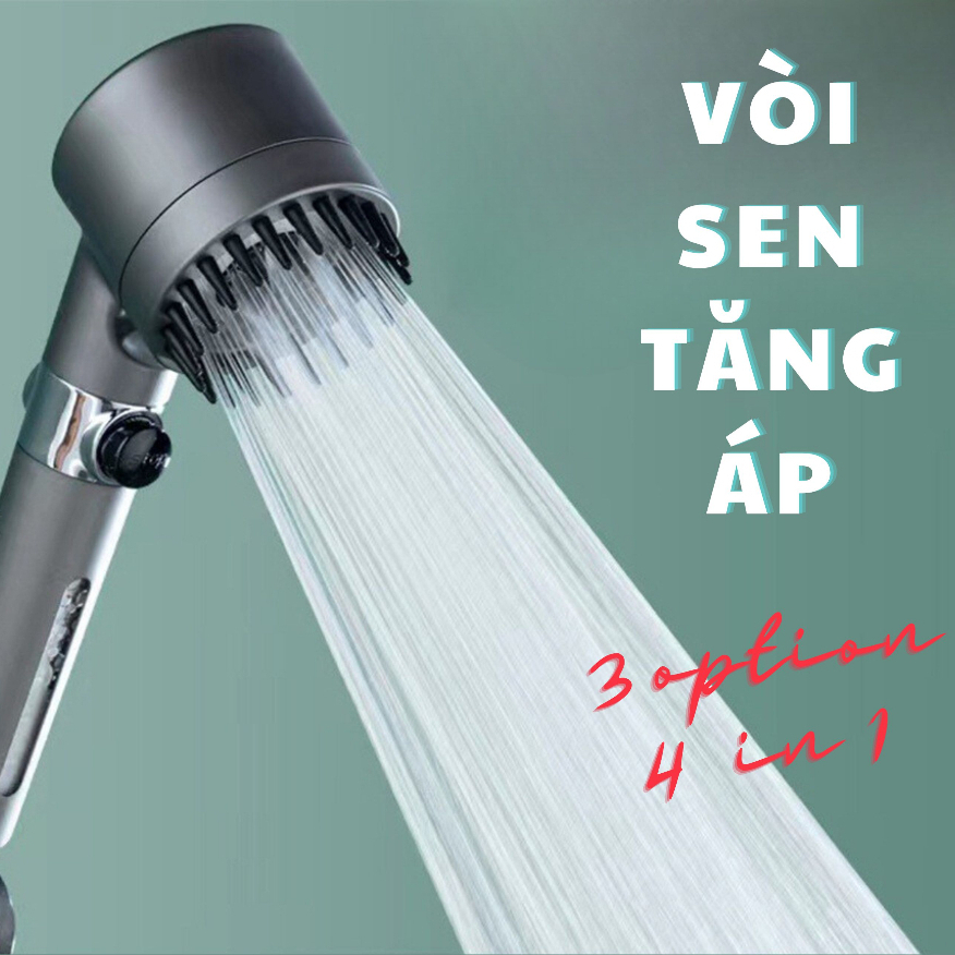 Vòi Sen Tăng Áp - Đầu Vòi Hoa Sen Mát Xa- 4 Trong 1 - 3 Chế Độ Áp Suất Cao Tiết Kiệm Nước - Lõi Cotton Lọc Cho Nhà Tắm