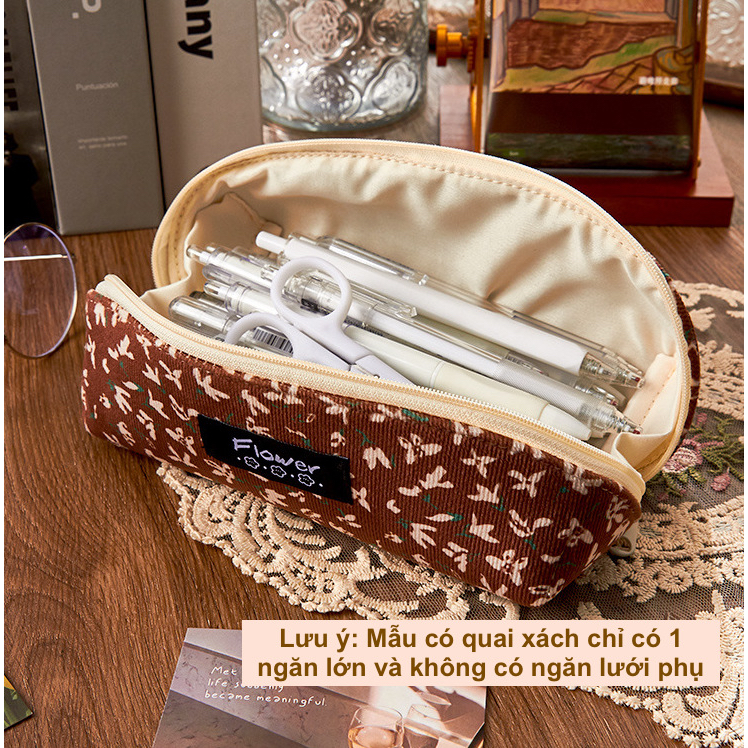 Hộp Đựng Bút Nhung Tăm Hoạ Tiết Hoa Vintage- Sức Chứa Lớn