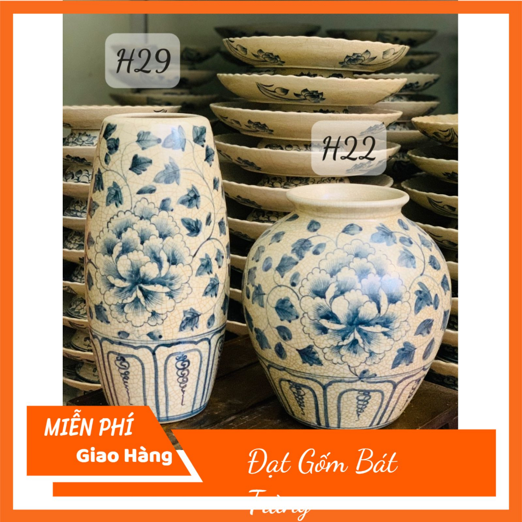 Lọ hoa - Bình cắm hoa men rạn vẽ hoa phù dung gốm sứ Bát Tràng