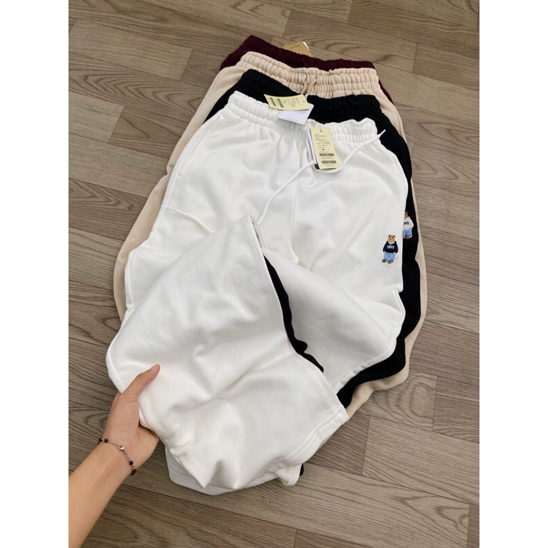 Quần ống rộng unisex lưng thun,chất thun da cá logo gấu thêu W..hoaw-hàng xuất