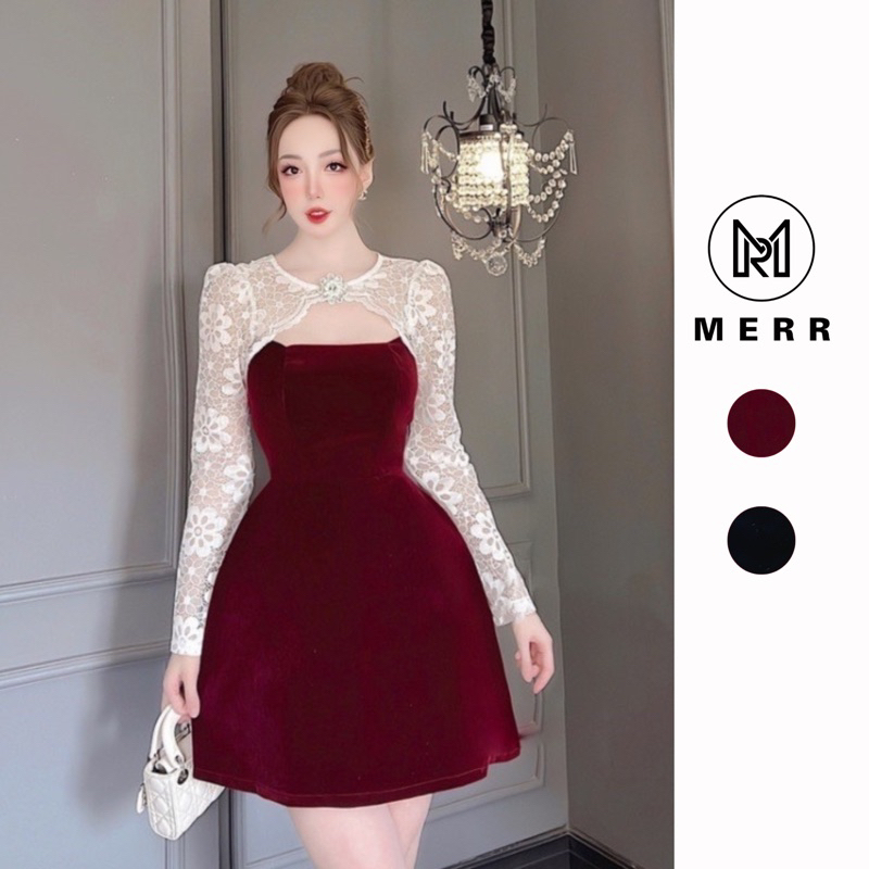 Váy Nhung Cổ Ren Tay Dài kèm đá. Có ảnh thật | MERRCHUYENVAY