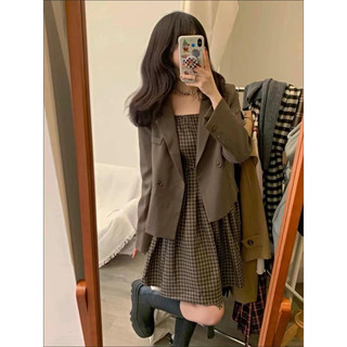 Set áo blazer + váy 2 dây kẻ caro đen sang chảnh