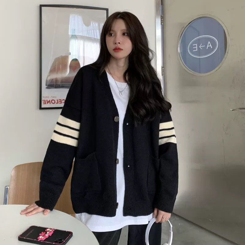 Áo khoác len cardigan có túi form rộng viền kẻ tay basic Deliz, chất len dày ấm mùa thu đông Bunny