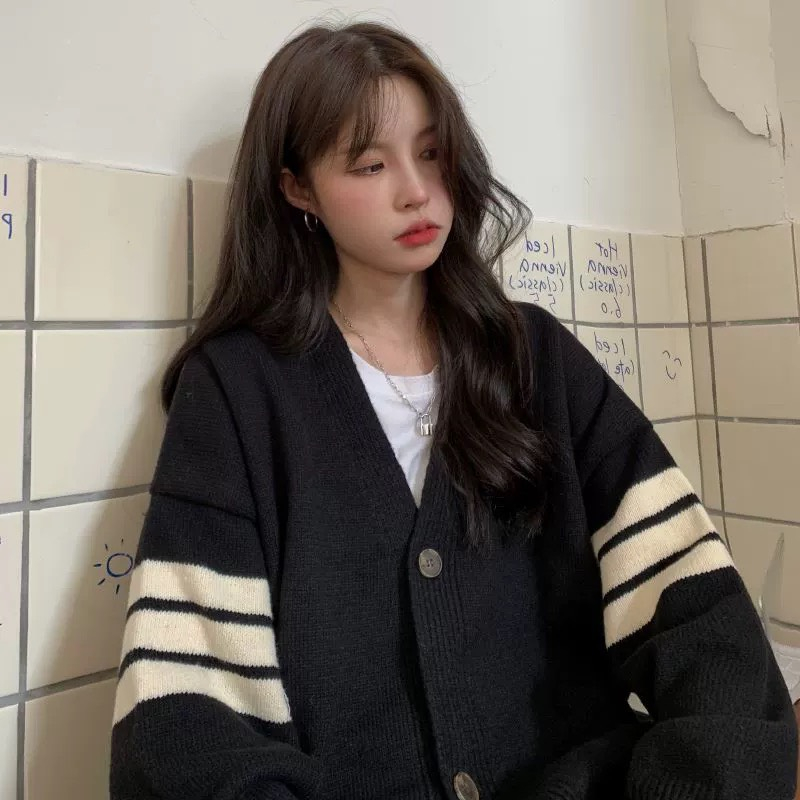 Áo khoác len cardigan có túi form rộng viền kẻ tay basic Deliz, chất len dày ấm mùa thu đông Bunny