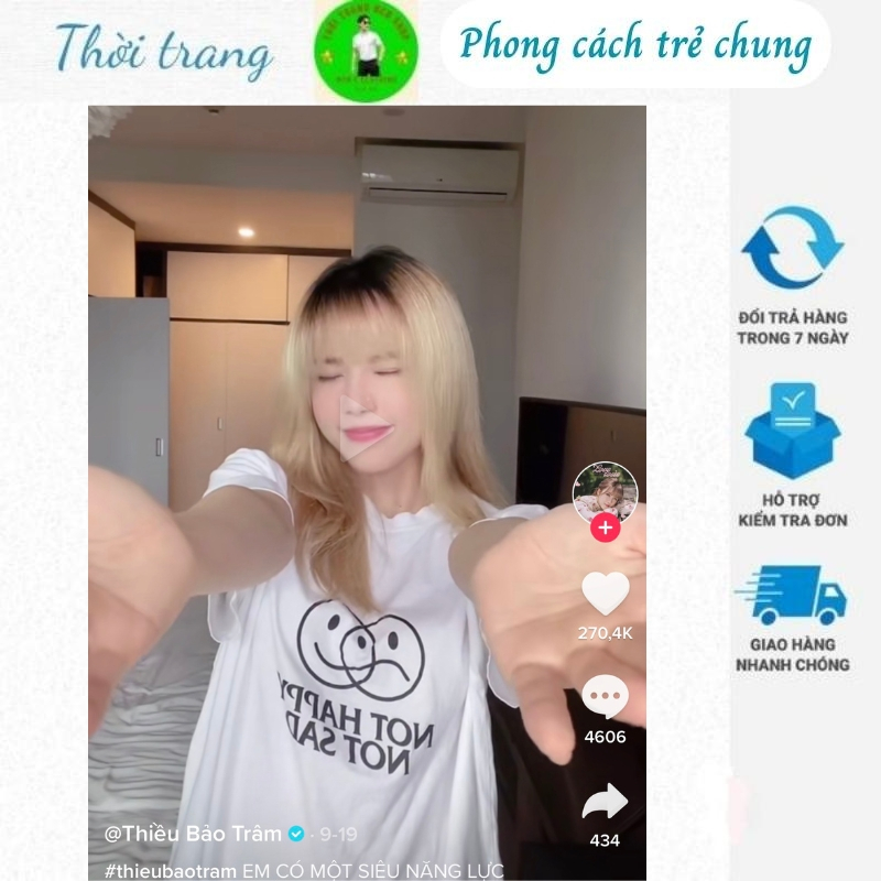 Áo phông nữ in chữ not happy not sad, chất vải cotton thấm hút mồ hôi tốt