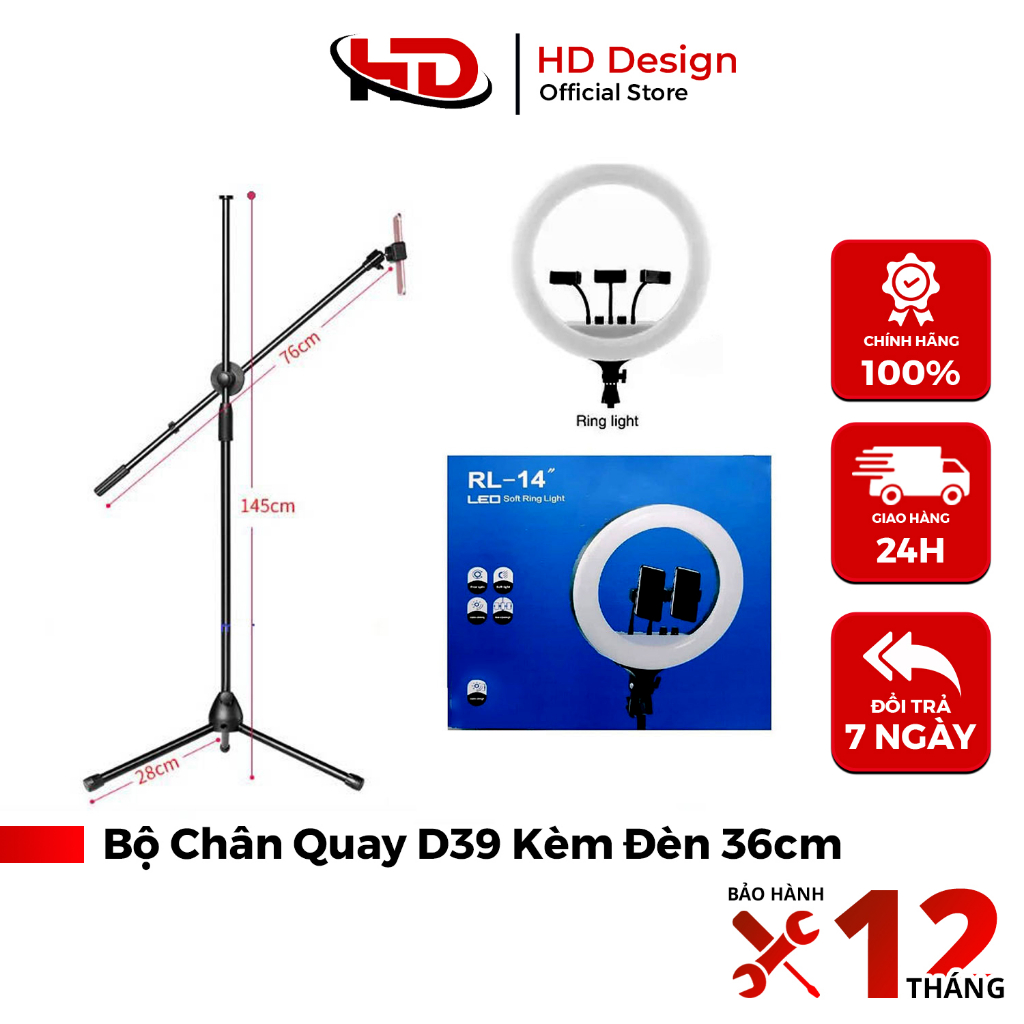 Bộ Chân Quay Video Từ Trên Xuống D39 Kèm Đèn 36cm - Hỗ Trợ Quay Video - Livetream - Chụp Ảnh - Chính Hãng HD DESIGN