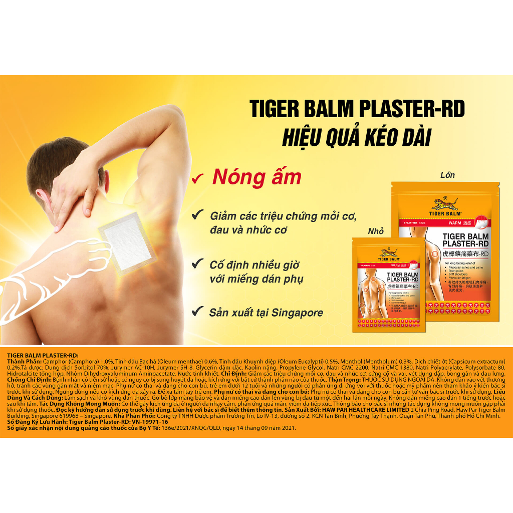 Miếng dán đau lưng, nhức mỏi Tiger Balm Plaster-RD - Chính hãng nhập từ Singapore