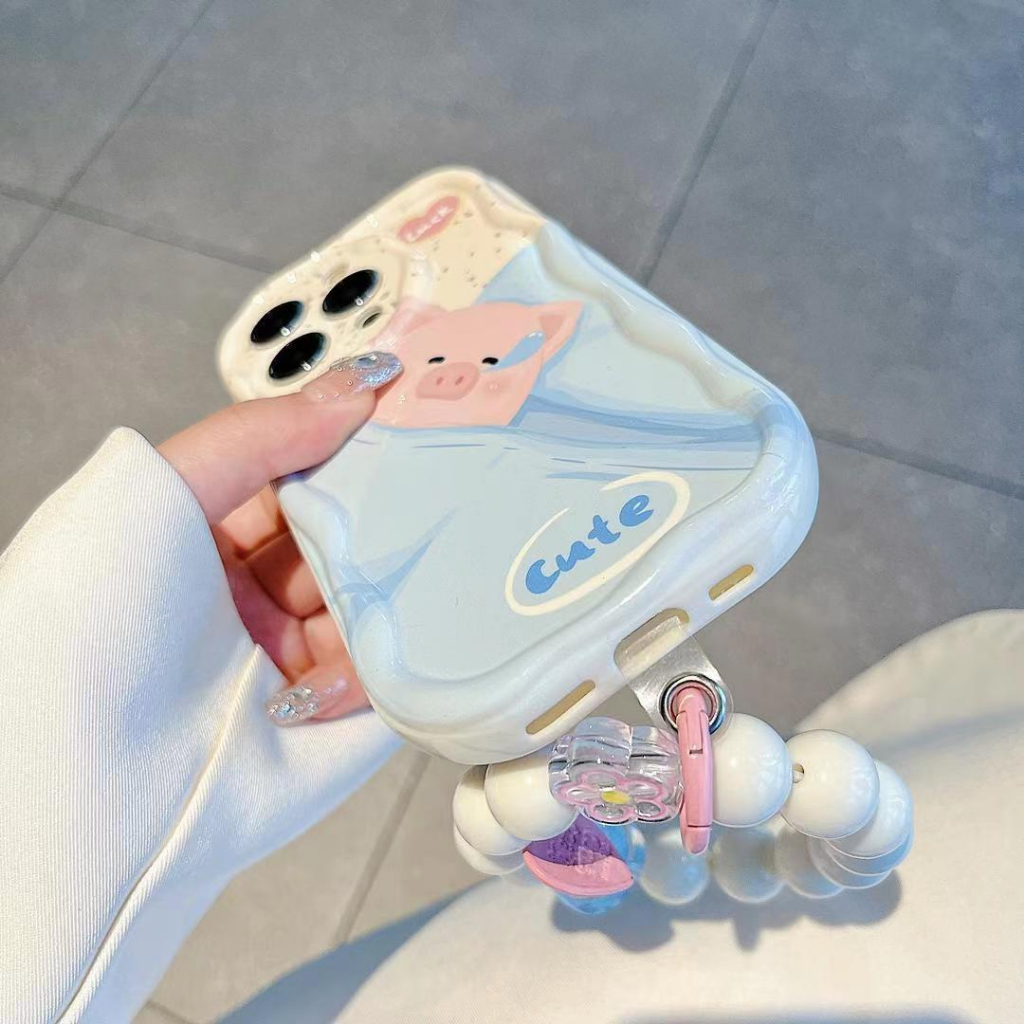 Ốp lưng Iphone viền sóng lợn ngủ kèm vòng tay dễ thương cạnh vuông cho iphone 14 13 12 11 Pro Plus Max 6 7 8 Plus xx3040