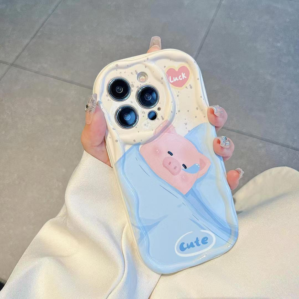 Ốp lưng Iphone viền sóng lợn ngủ kèm vòng tay dễ thương cạnh vuông cho iphone 14 13 12 11 Pro Plus Max 6 7 8 Plus xx3040