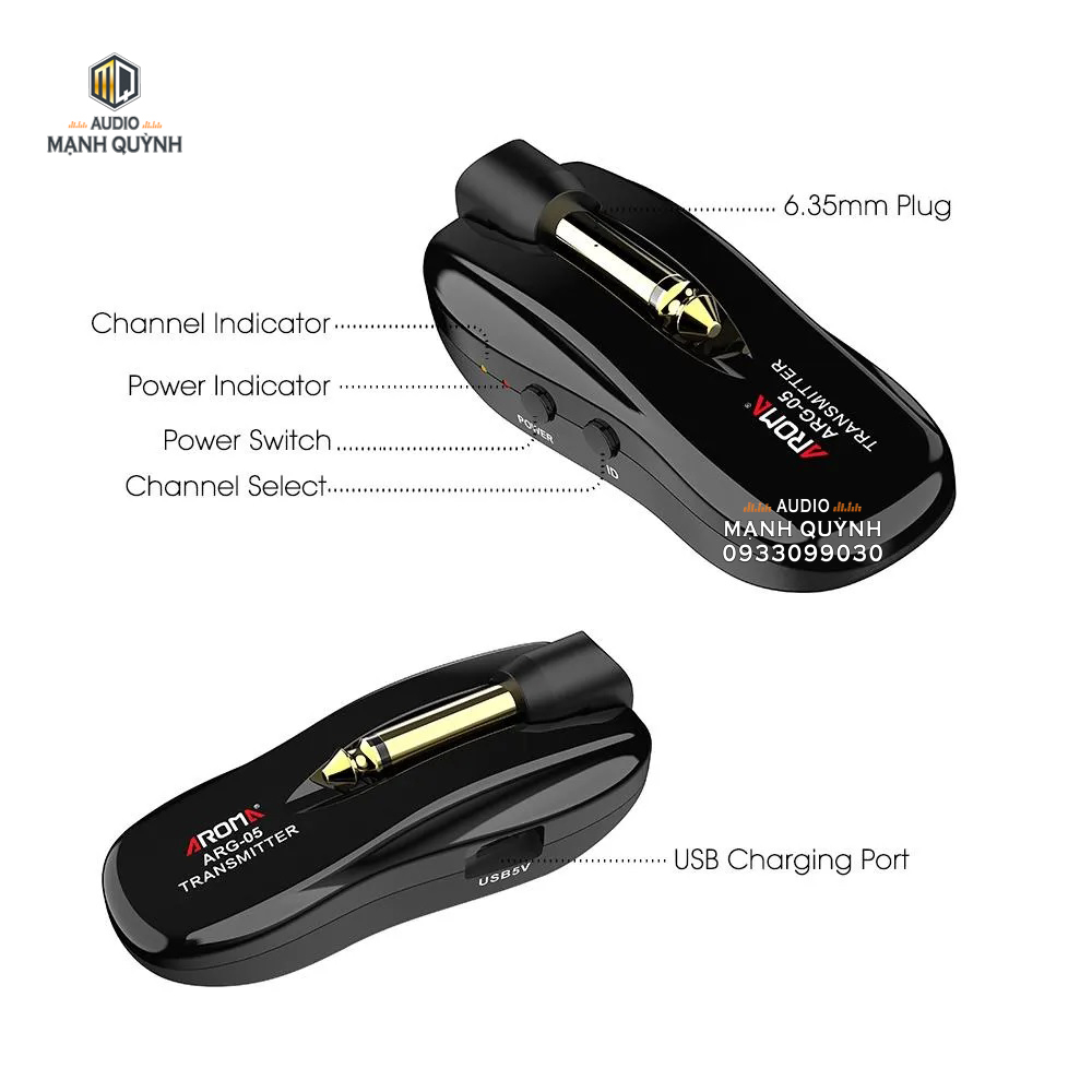 Bộ Thu Phát Không Dây Guitar Cao Cấp 5.8G AROMA ARG-05 Đầu Jack Xoay 120 Độ