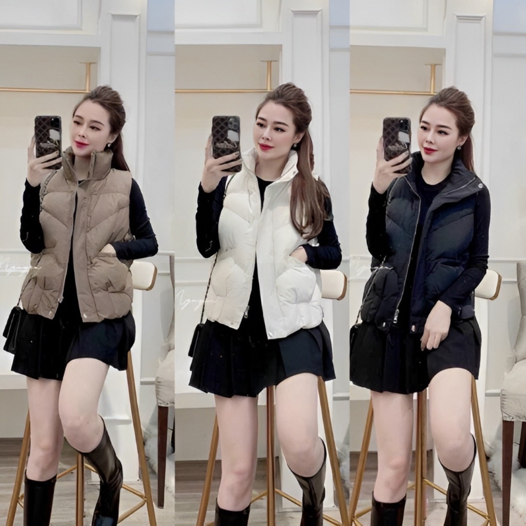 Phao gile nữ kẻ chéo có khoá sườn- Áo phao gile fom rộng thiết kế túi ngang HiiNCloset 055