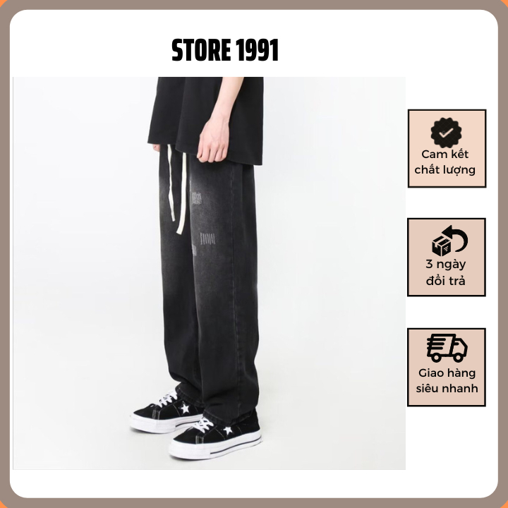 Quần jean cào ống rộng cạp chun nam nữ unisex