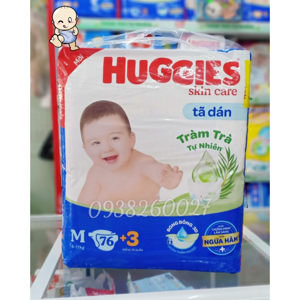 Tã dán Huggies size M76/L68/XL60/XXL54 miếng tràm trà