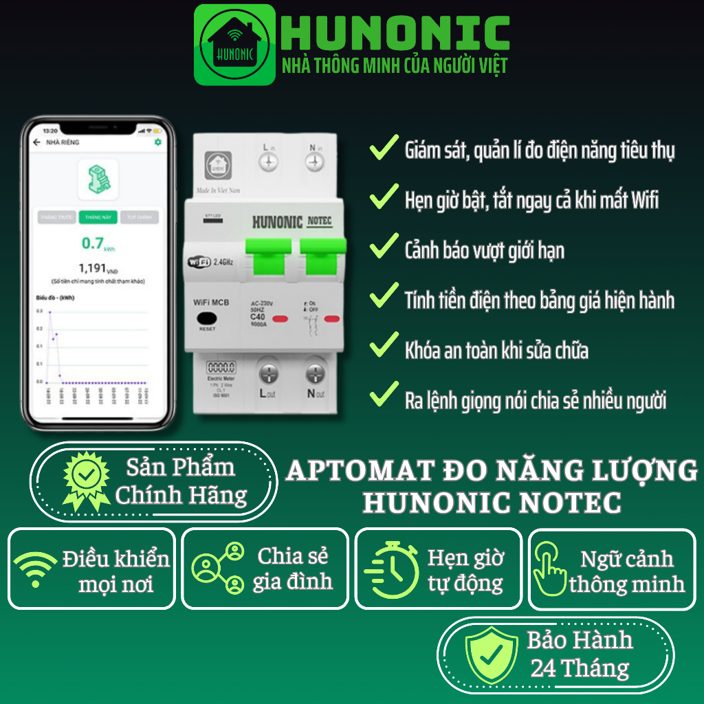 Aptomat Đo Năng Lượng Hunonic Notec Theo Dõi Lượng Điện Tiêu Thụ Điều Khiển Từ Xa Qua Wifi Hàng Việt Nam Chất Lượng Cao