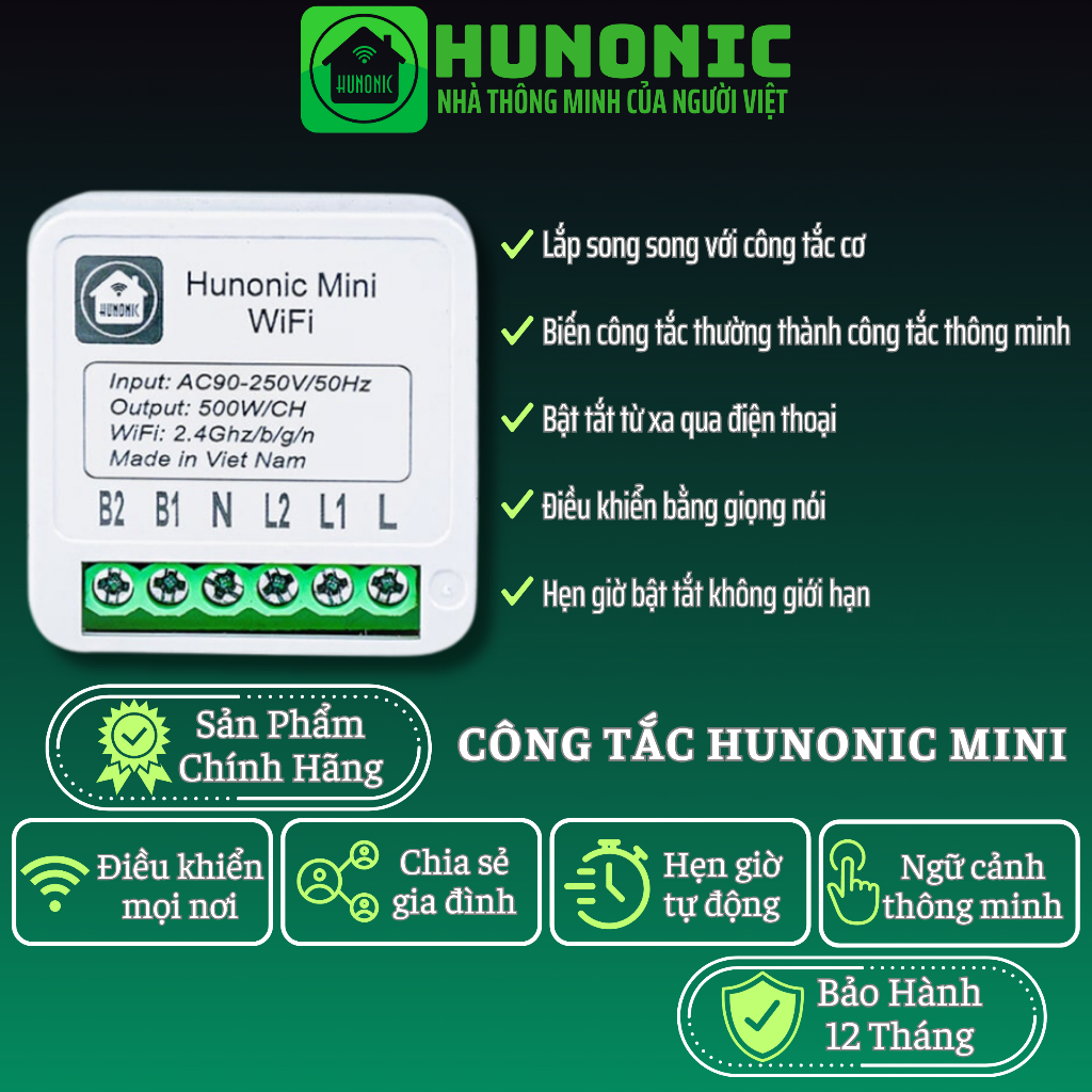 Công Tắc Thông Minh Wifi Hunonic Mini Điều Khiển Từ Xa Qua Điện Thoại, Hẹn Giờ Tự Động, Hàng Việt Nam.