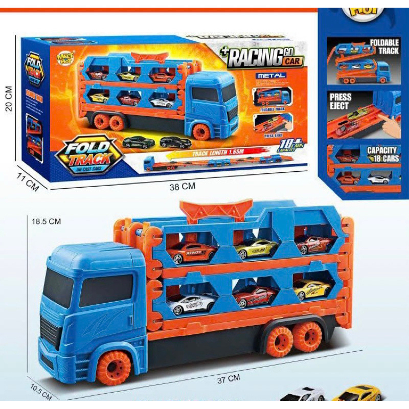 Đồ chơi ô tô đường đua hot wheels kèm 6 xe đua nhỏ dài 1,65m - 2m gấp gọn xe tải 3 tầng, quà tặng sinh nhật cho bé