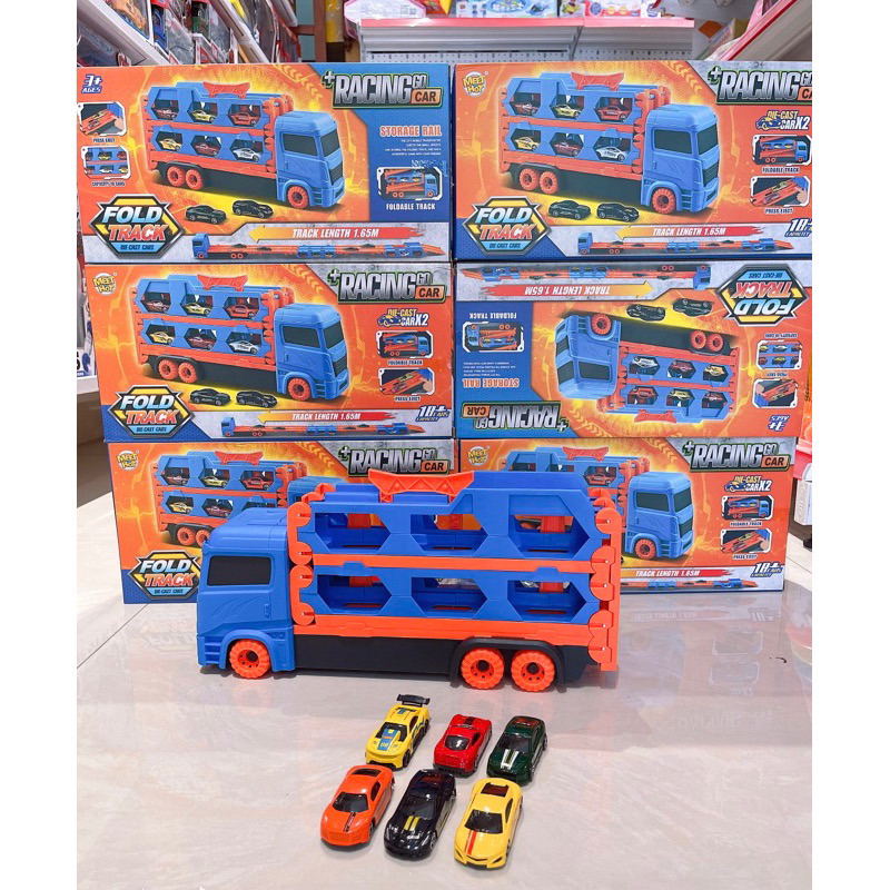 Đồ chơi ô tô đường đua hot wheels kèm 6 xe đua nhỏ dài 1,65m - 2m gấp gọn xe tải 3 tầng, quà tặng sinh nhật cho bé