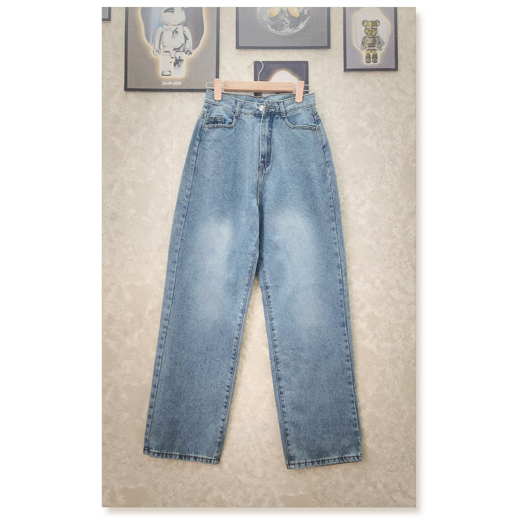 Quần baggy jean nữ JohnsonLi lưng cao, dáng rộng , ống suông, kết hợp nắp túi đai, 2 màu