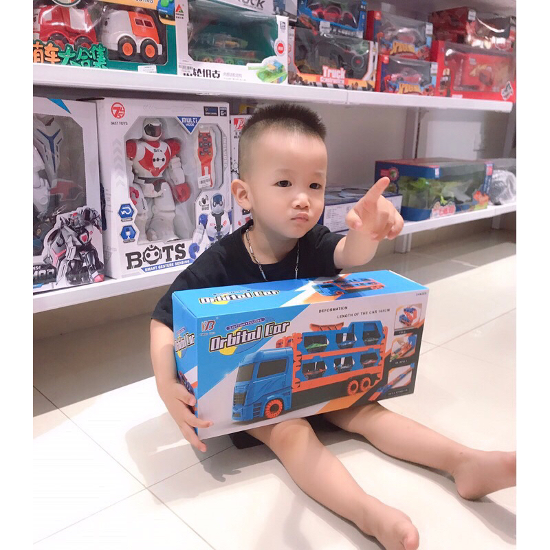 Đồ chơi ô tô đường đua hot wheels kèm 6 xe đua nhỏ dài 1,65m - 2m gấp gọn xe tải 3 tầng, quà tặng sinh nhật cho bé