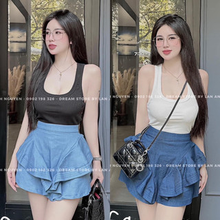 Set áo cổ u hai dây phối chân váy jeans đuôi cá xoè