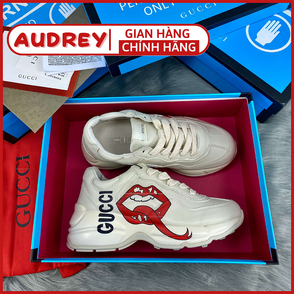 Giày GUCCl Rhyton in logo, họa tiết môi, gucci ny bản trung da thật cao cấp sneaker tăng chiều cao