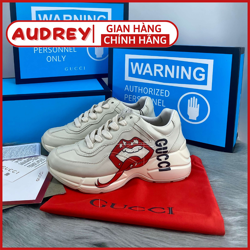 Giày GUCCl Rhyton in logo, họa tiết môi, gucci ny bản trung da thật cao cấp sneaker tăng chiều cao