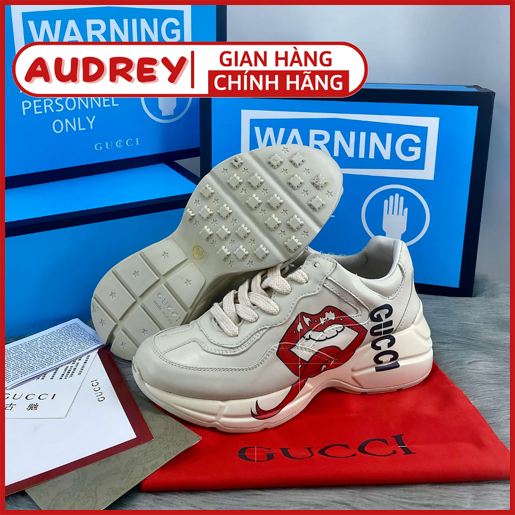Giày GUCCl Rhyton in logo, họa tiết môi, gucci ny bản trung da thật cao cấp sneaker tăng chiều cao